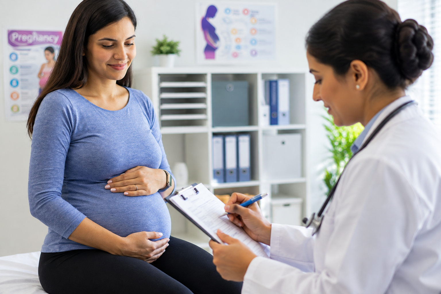 Pregnant woman resting hands on belly during a prenatal checkup with doctor in a clinic